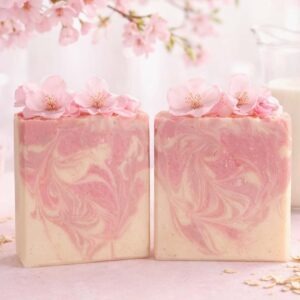 Handcrafted Japanese Cherry Blossom Soap bar with pink clay and botanical floral designs.