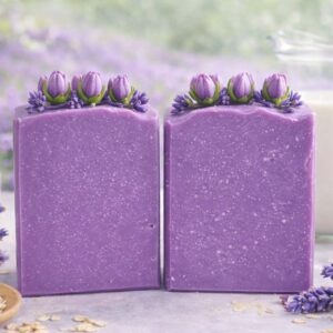 Handcrafted Lavender Blossom Radiance Bar with fresh lavender sprigs and purple clay minerals.